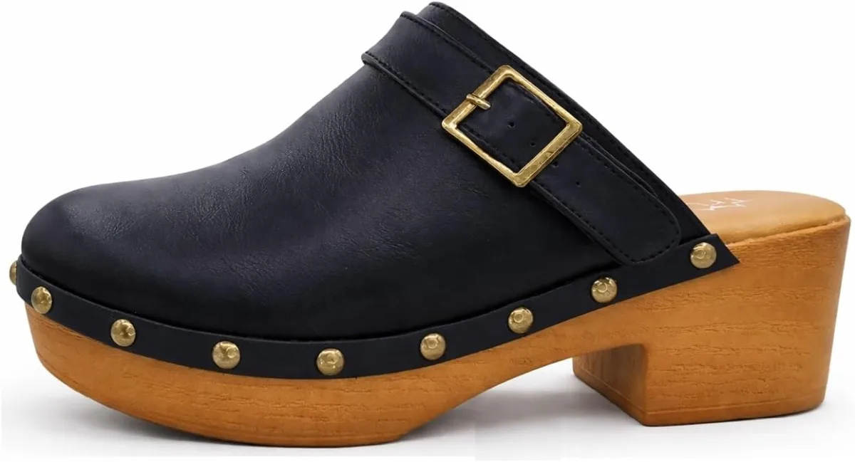 TruFox Women's Clogs Faux Wood Heel Slip On Mules with Optional Slingback Stra — Suede mule