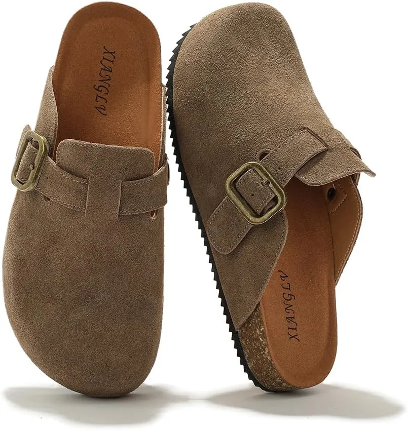 Women's Suede Clogs Leather Mules Comfort Cork Footbed Sandals Potato Shoes wi — Suede mule