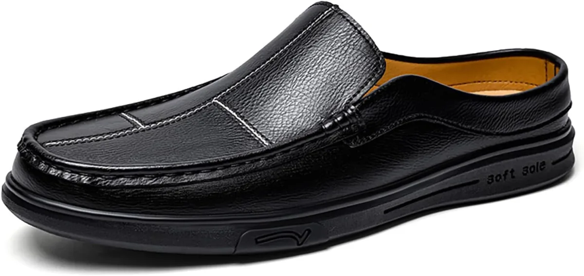 Men's Leather Flat Mules Comfortable Slip-on Round Toe Lightweight Non-Slip Ba — Genuine Leather mule