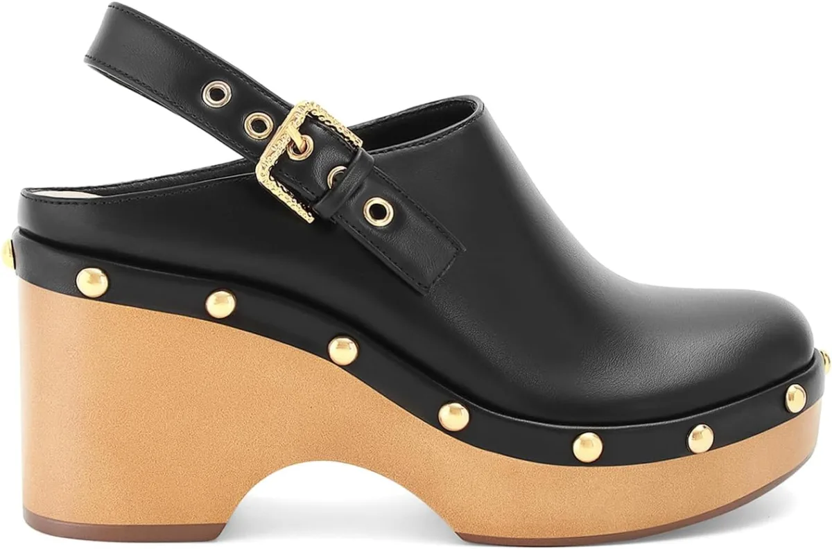 Women’s Leather Studded Clogs Closed Toe Slip on Vintage Platform Mules Wedge — Genuine Leather mule