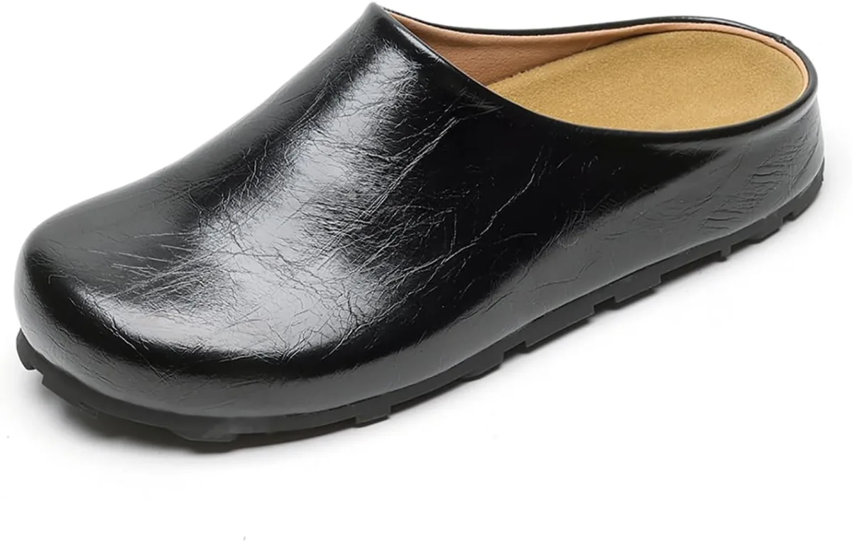 Women's Leather Clogs Slip-on Mules with Arch Support Soft Cork Footbed Potato — Genuine Leather mule