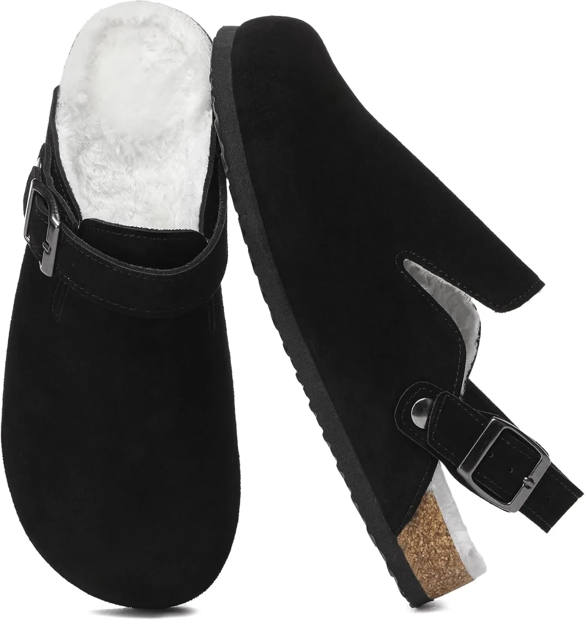 Suede Clogs for Women Leather Mules Adjustable Buckle with Comfort Cork Footbe — Suede mule