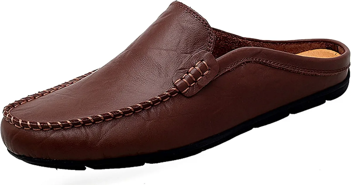 Go Tour Mens Mules Clog Slippers Breathable Punching Leather Slip on Shoes Cas — Genuine Leather mule