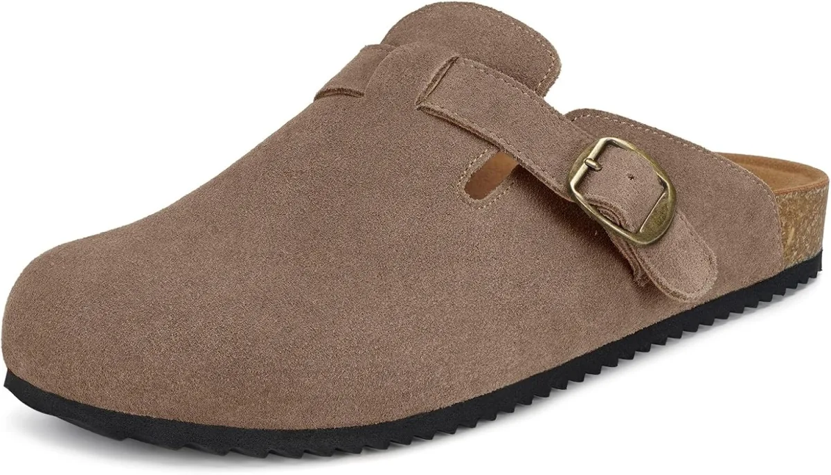 Womens Suede Clogs Mens Genuine Leather Mules Cork Footbed Sandals with Arch S — Suede mule