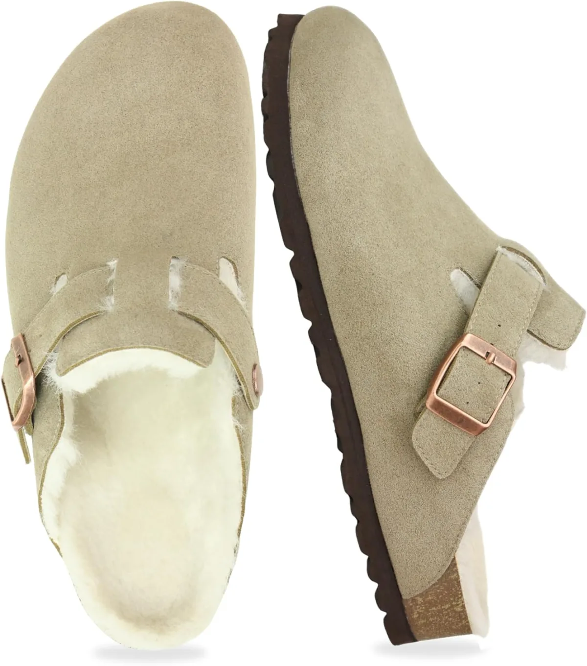 Fur Lined Suede Clogs for Women Men, Slip-On Fuzzy Slippers with Adjustable St — Suede mule