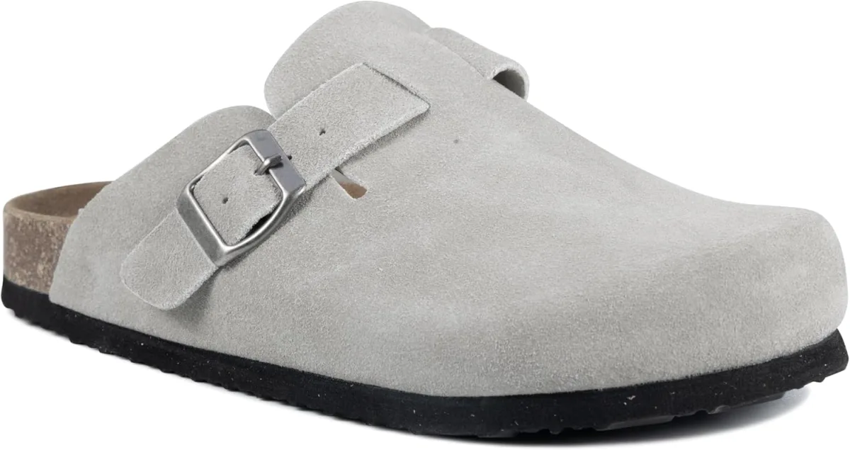 Women's Suede Clogs Slip-On Buckle Slides Leather Mules Cork Footbed Sandals P — Suede mule