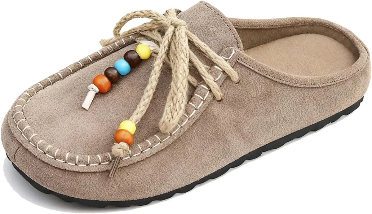 Women's Suede Flat Moccasin Mules with Beaded Casual Comfortable Round Toe Sof — Suede mule