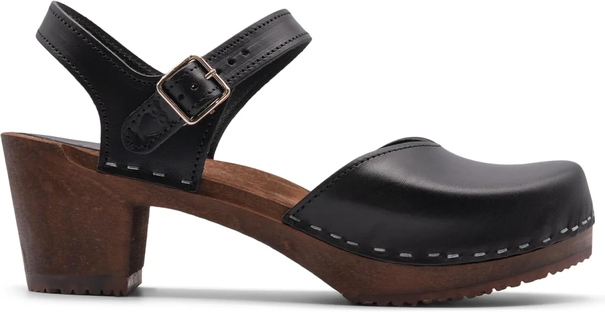 Sandgrens Handmade Swedish Wood Clogs for Women, High Heel Sandal — Genuine Leather sandal