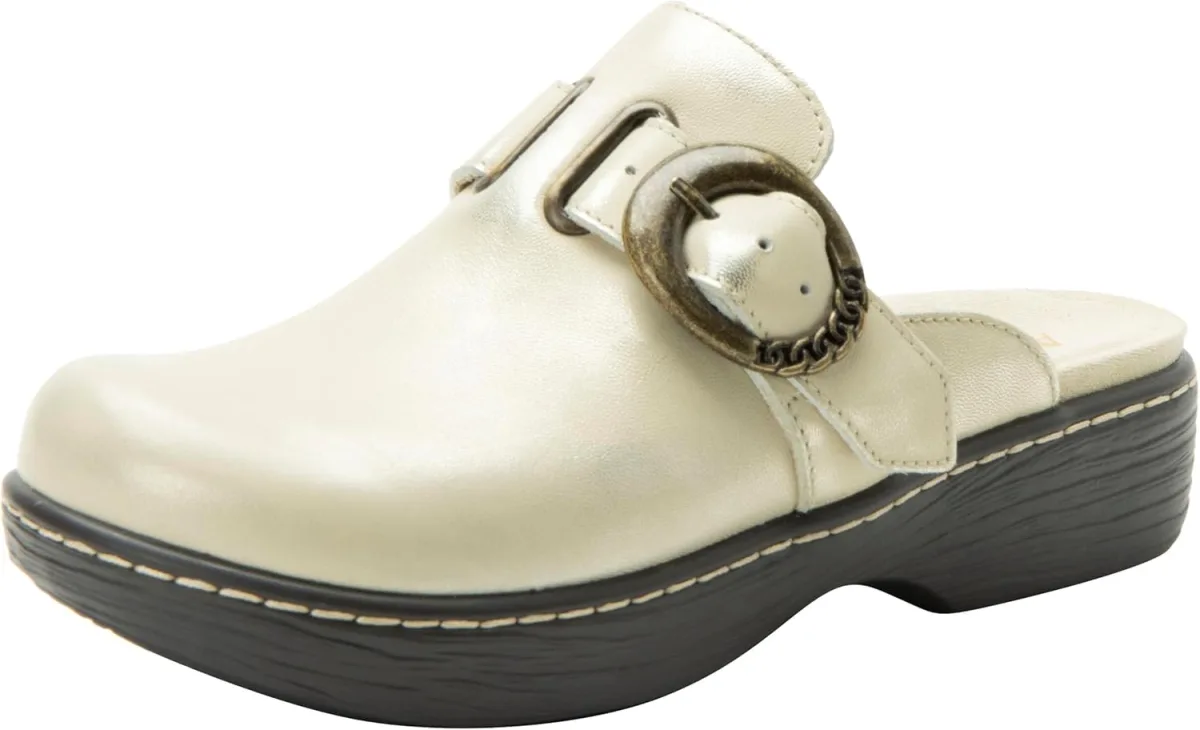 Alegria Women's Osmosis Open Back Wood Look Rocker Leather Clog Heel — Genuine Leather clog