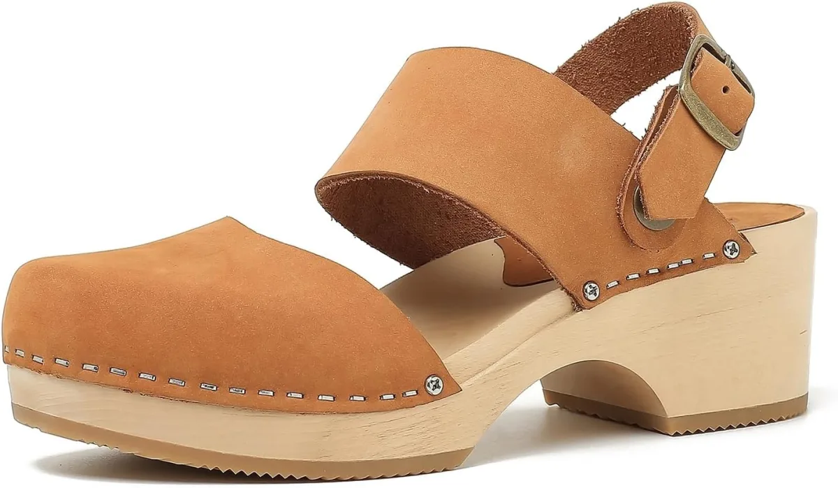 Women's Handmade Wooden Clog Mule 2.3" Open Back Leather Clogs Classic Ankle-S — Genuine Leather mule