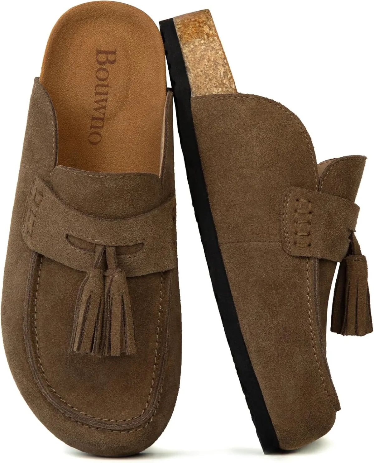 Suede Clogs for Women Genuine Leather Mules with Tassel Fringe Comfort Cork Fo — Suede mule