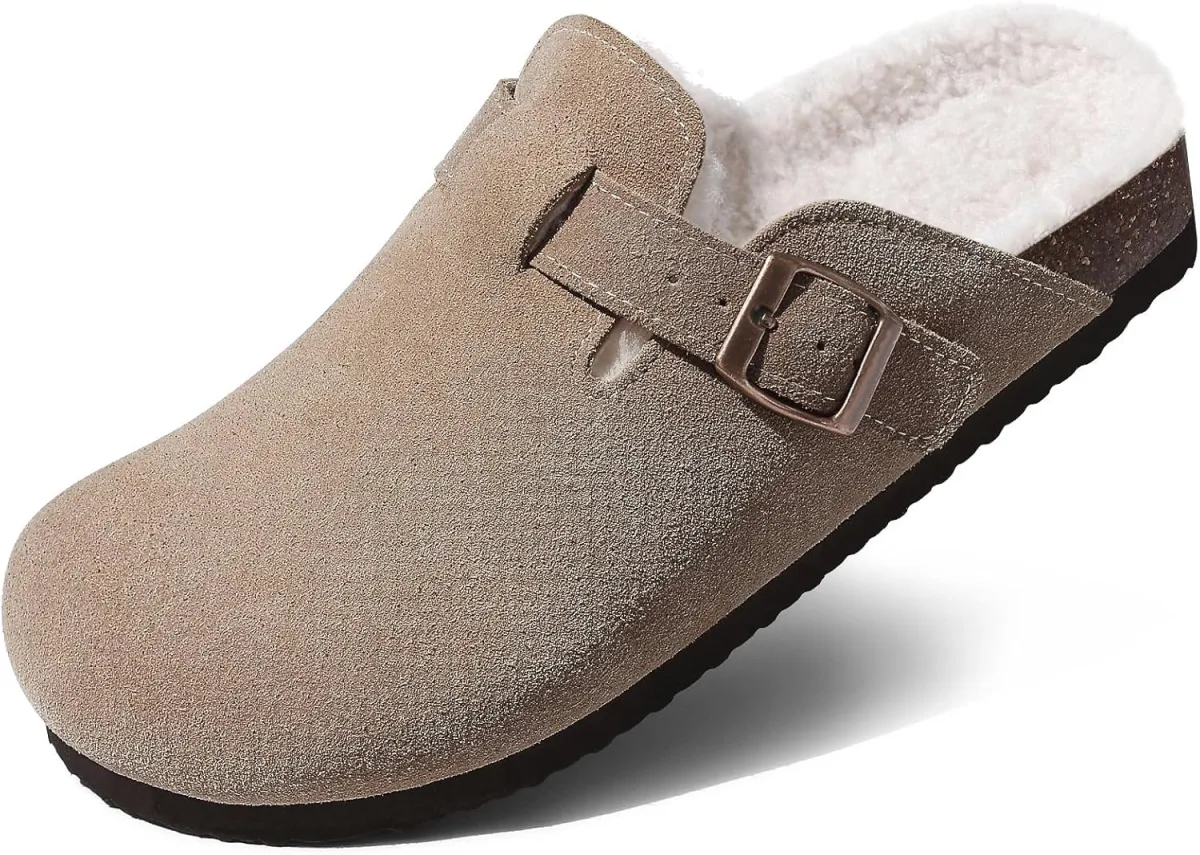 KIDMI Women's Fur Lined Suede Clogs Fuzzy Cork Footbed Mules Slip On Winter Po — Suede mule