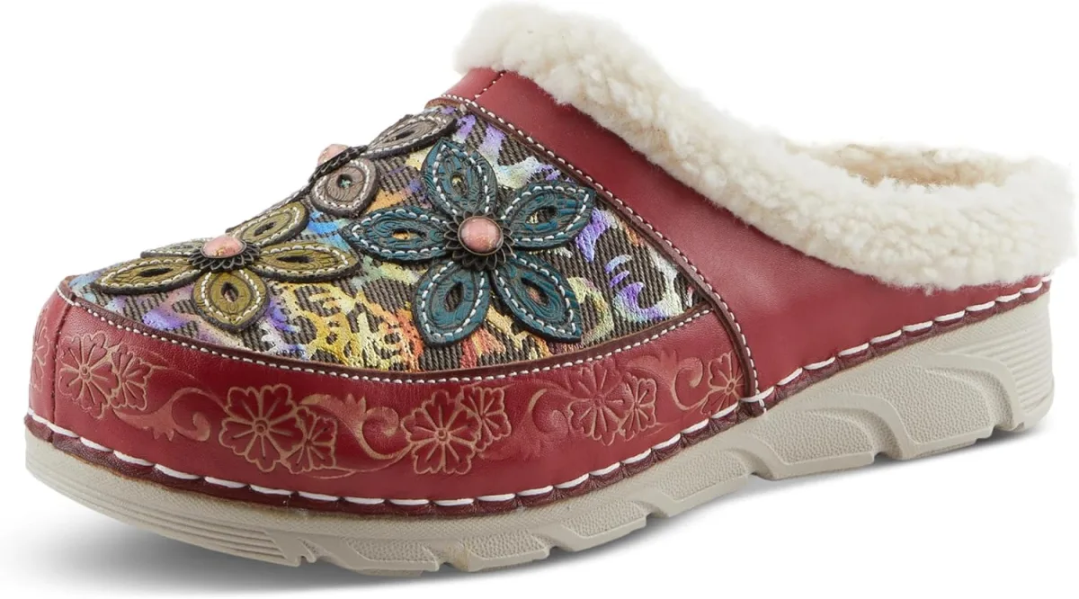 Spring Step L'Artiste Honestela Women’s Embossed Leather Clogs with Tapestry U — Genuine Leather clog
