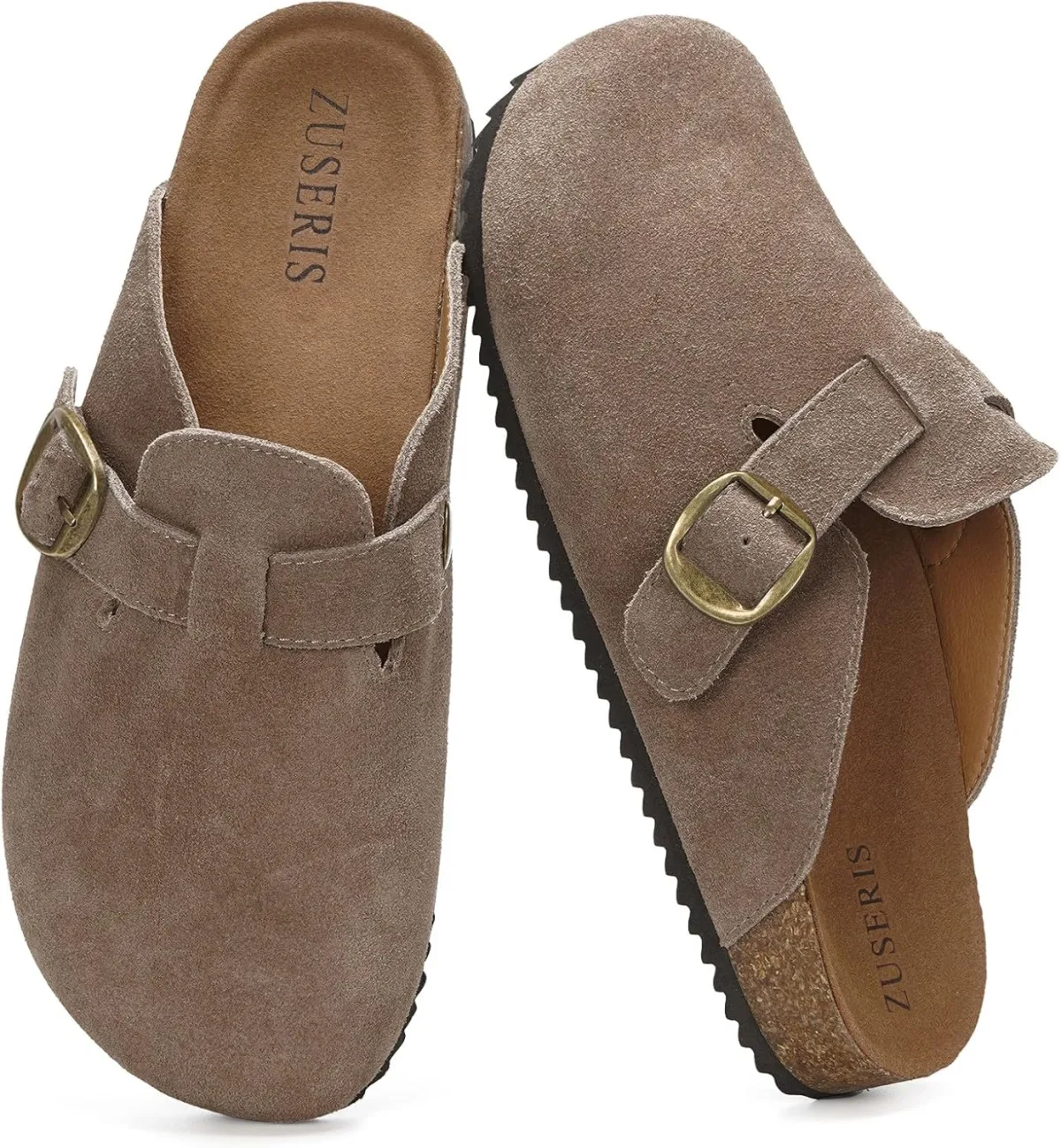 ZUSERIS Women's Men's Suede Clogs Wide Width Leather Mules Cork Footbed Sandal — Suede mule