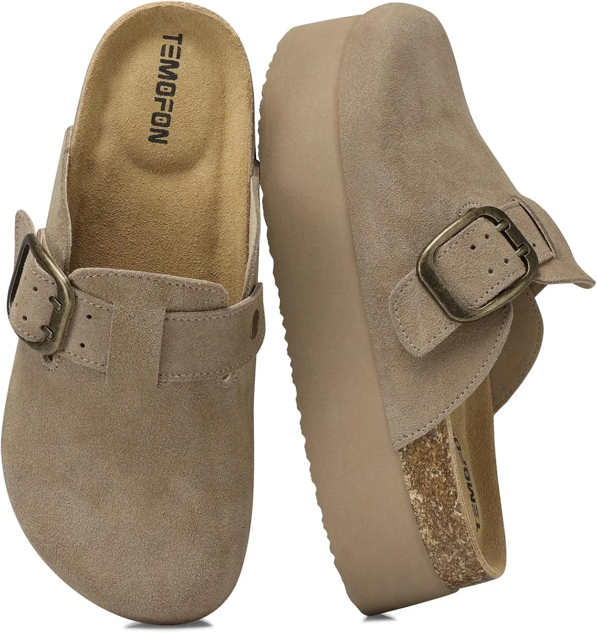 TEMOFON Genuine Suede Clogs for Women: Comfortable Leather Platform Mules & Cl — Suede mule
