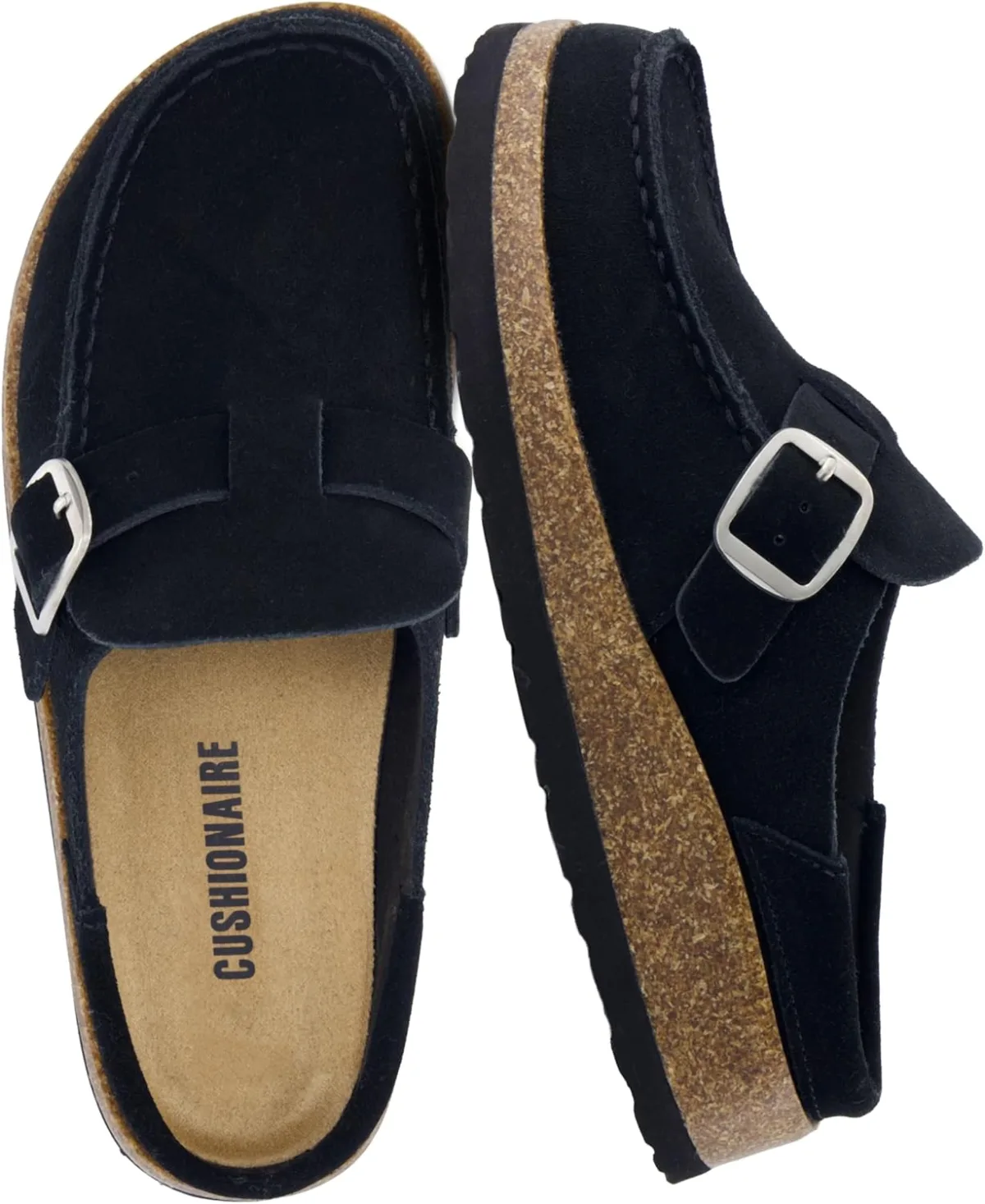 CUSHIONAIRE Hobby Genuine Leather Suede Mule Clogs for Women with Buckle Strap — Suede mule