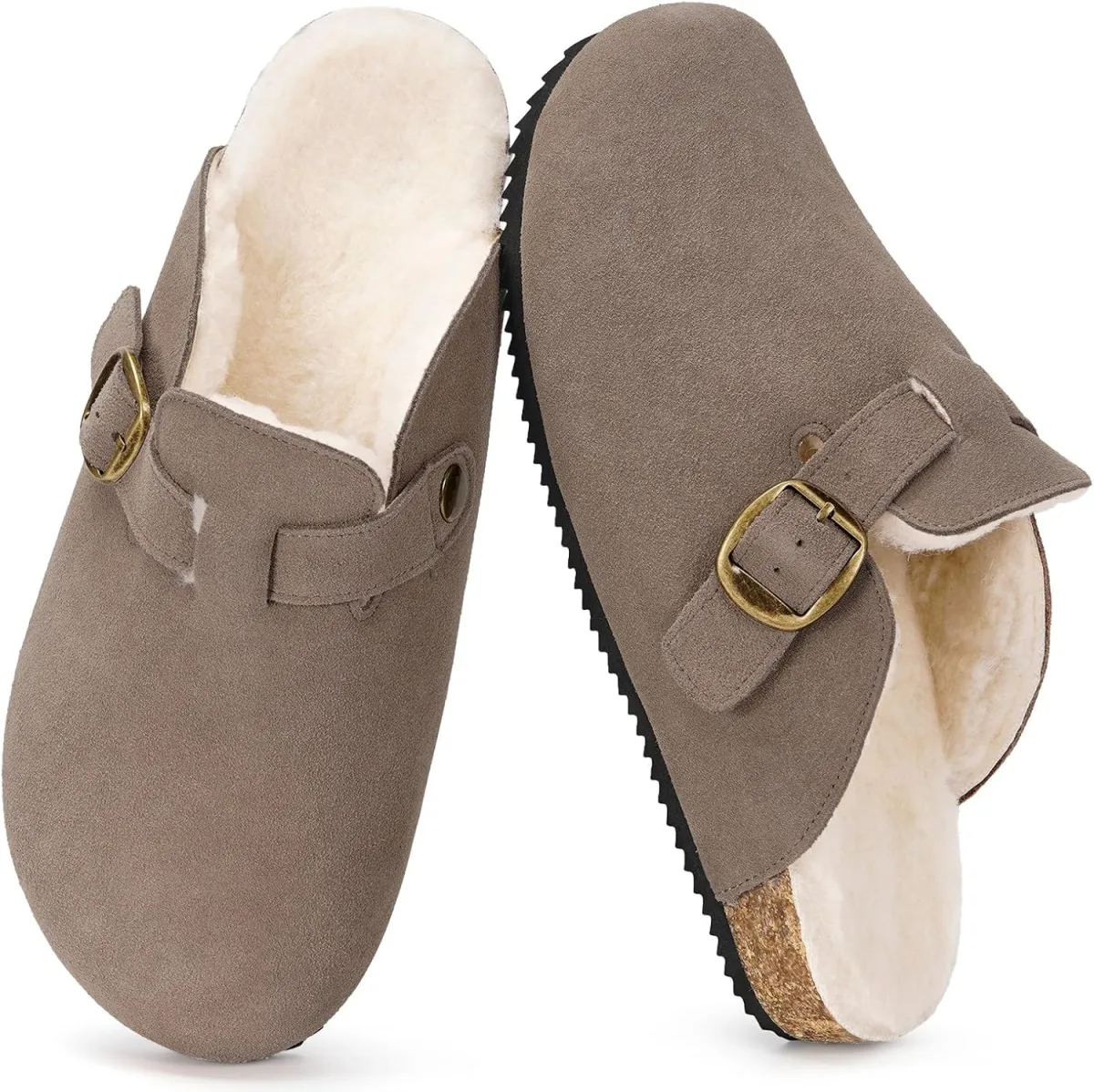 Womens Fur Lined Suede Clogs Mens Fuzzy Leather Mules Cork Footbed Slip On Win — Suede mule
