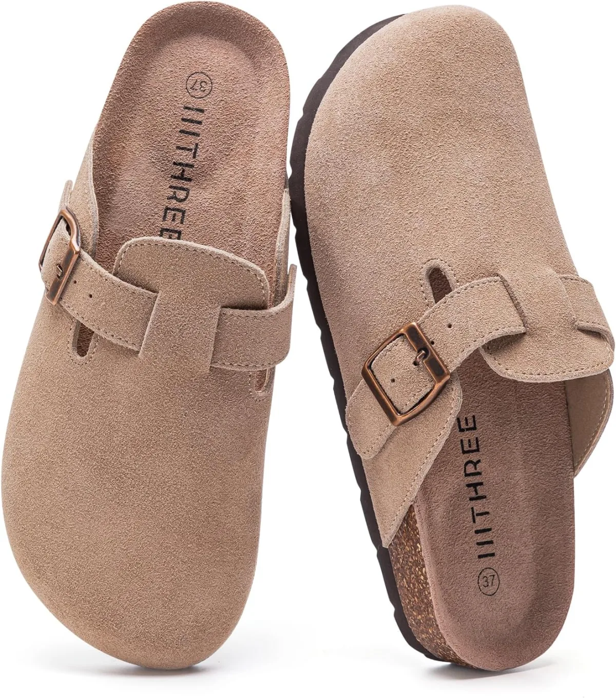 IIITHREE Women's Suede Clogs Cork Footbed Clogs for Women Soft Leather Adjusta — Suede sandal