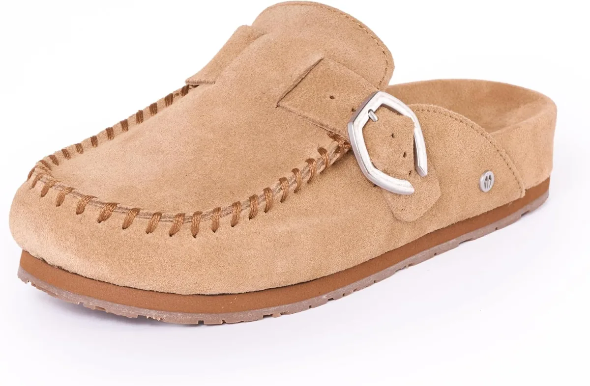 Minnetonka Women's Suede Buckle Clog Flexible Sole — Suede clog
