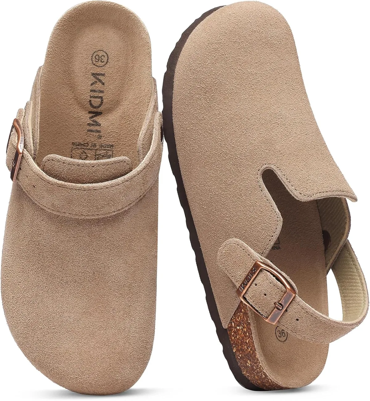 KIDMI Women's Suede Clogs with Back Strap Men's Leather Mules Cork Footbed Sli — Suede mule